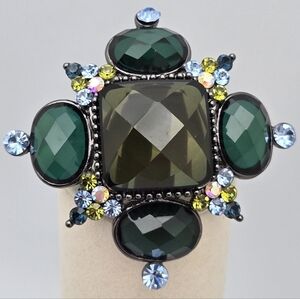 Large Green Blue Lemon Vintage Aurora Borealis AB Faceted Brooch Pin